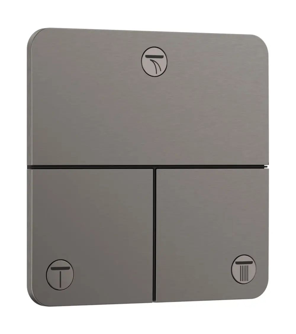 Hansgrohe Bedienfeld in gebürstetem Schwarzchrom, quadratisch mit vier Tasten, die jeweils Symbole für verschiedene Funktionen zeigen.